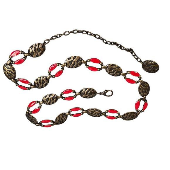 Womens Chain Belt Gold Tone‎ Brass and Red Enamel Adjustable Dangle Links Dressy - Picture 1 of 13